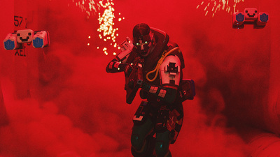 Marathon runner in combat stance amid red smoke and floating drones